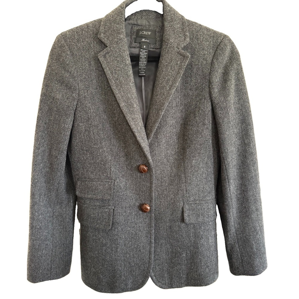 J CREW HACKING Womens 6 Gray Herringbone 100% Wool Button Lined Jacket Blazer - Picture 2 of 6